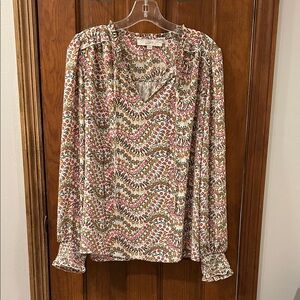 LOFT Women Cream Floral Blouse Long Sleeves Boho Top Size L